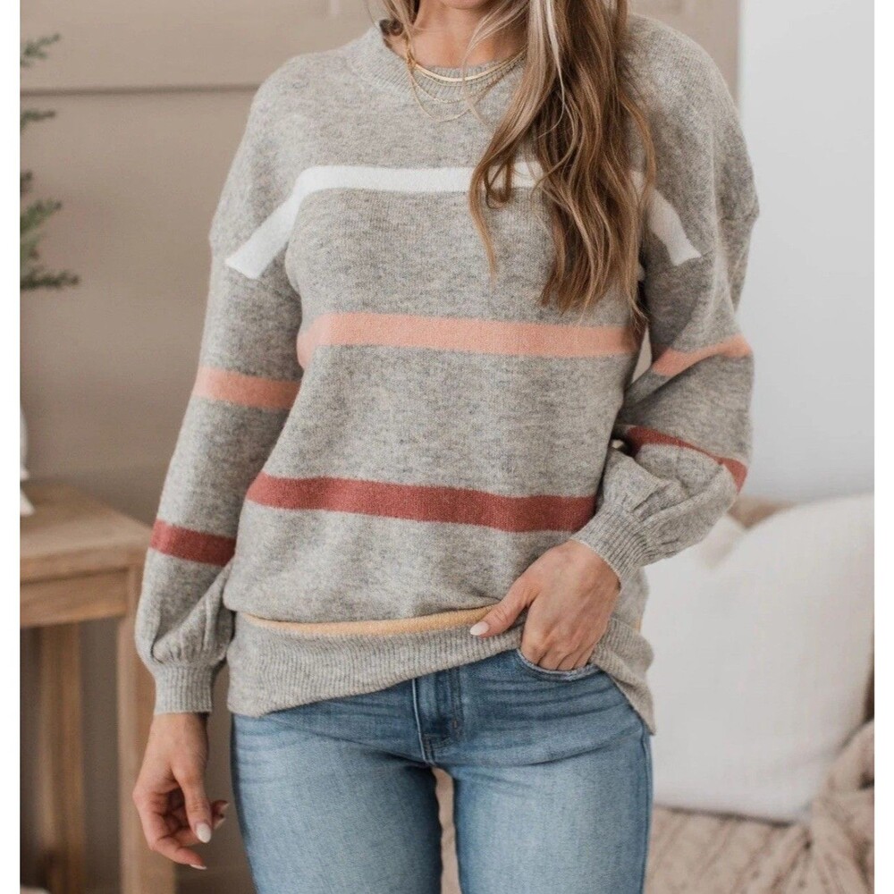 NWT Andree by UNIT Women Wonderful Days Heather Gray Striped Pullover Sweater 2X
